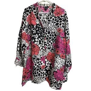 Vintage‎ Linen Top Plus Size 3X Floral Bright Pink Button Up Shirt Carole Little